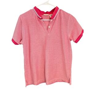 LL Bean Womens Red Striped Cotton Short Sleeve Polo Shirt Size Medium